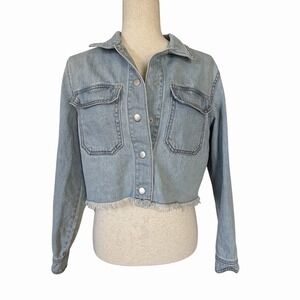 Refuge Cropped Denim Jacket Sz Small Raw Hem Y2K Indie Festival Boho Cowgirl EUC